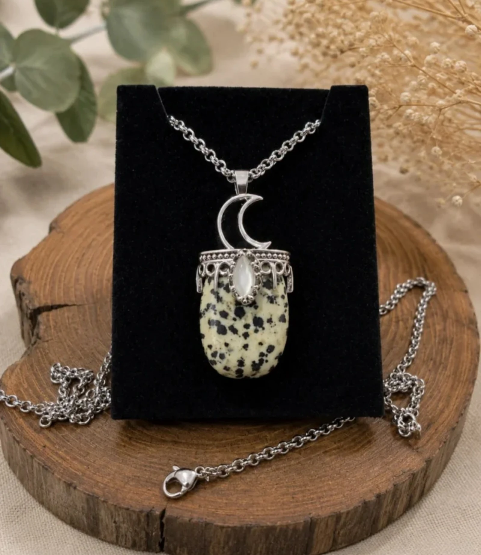 Colgante de acero y piedra Jaspe Dálmata